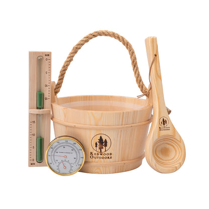 Redwood Outdoors Sauna Starter Kit with wooden bucket, ladle, sand timer, and thermometer
