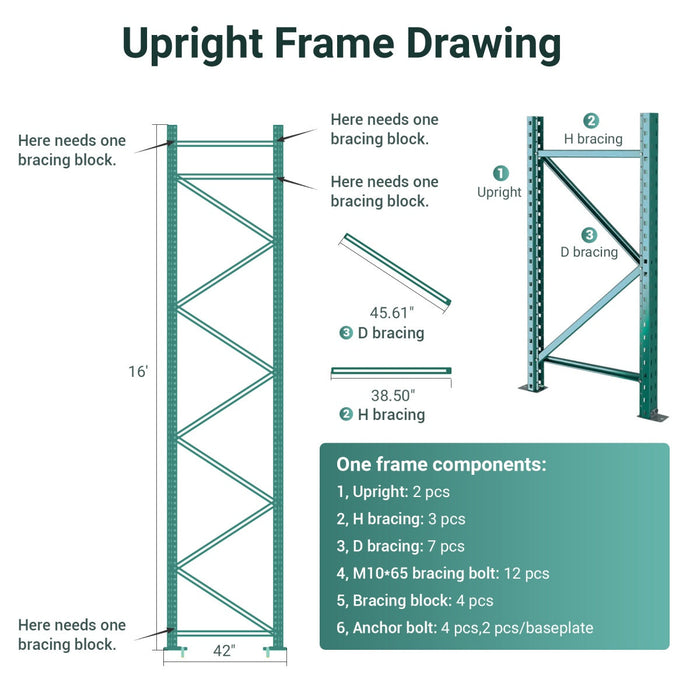 Teardrop Pallet Rack Add On, 96"W x 42"D x 192"H, 5000 lbs Shelf Cap