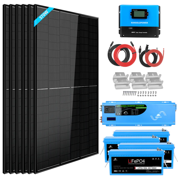 SunGoldPower Off Grid Solar Kit 6000W 48VDC 120V/240V LifePO4 10.24KWH Lithium Battery 6 X 370 Watt Solar Panels
